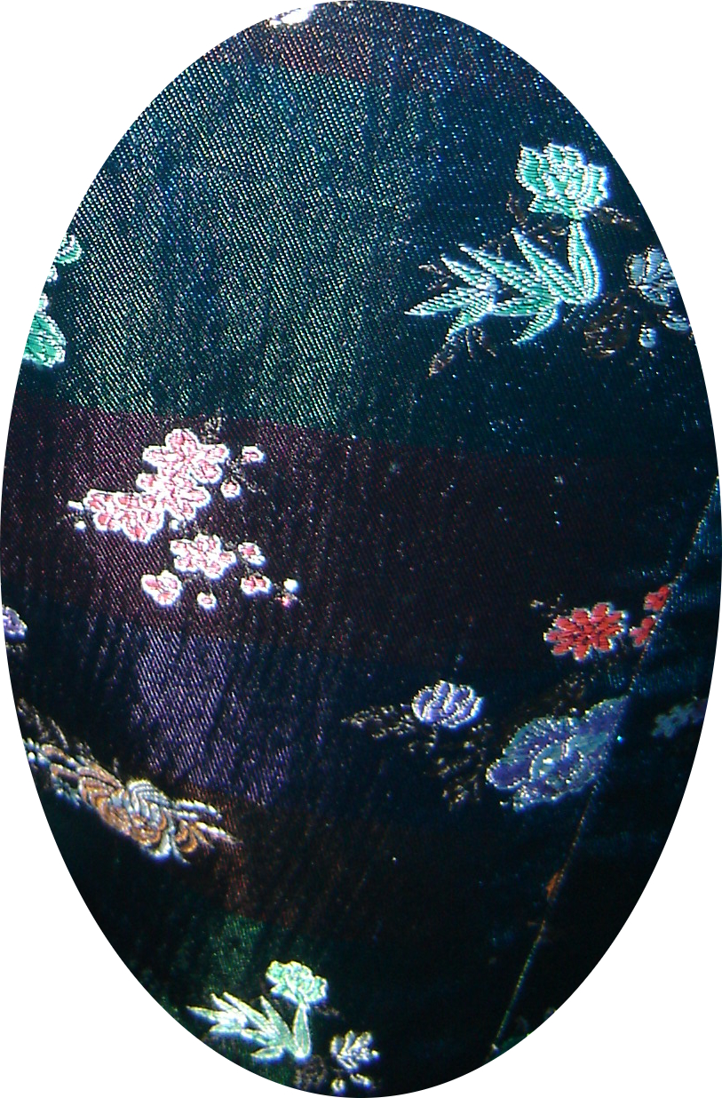 Blue Chinese silk top, showing detail of embroidery 
stitching