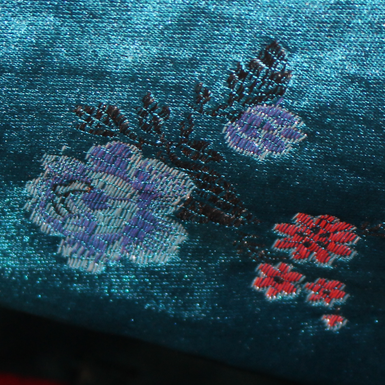 Blue Chinese silk top, showing detail of embroidery 
stitching
