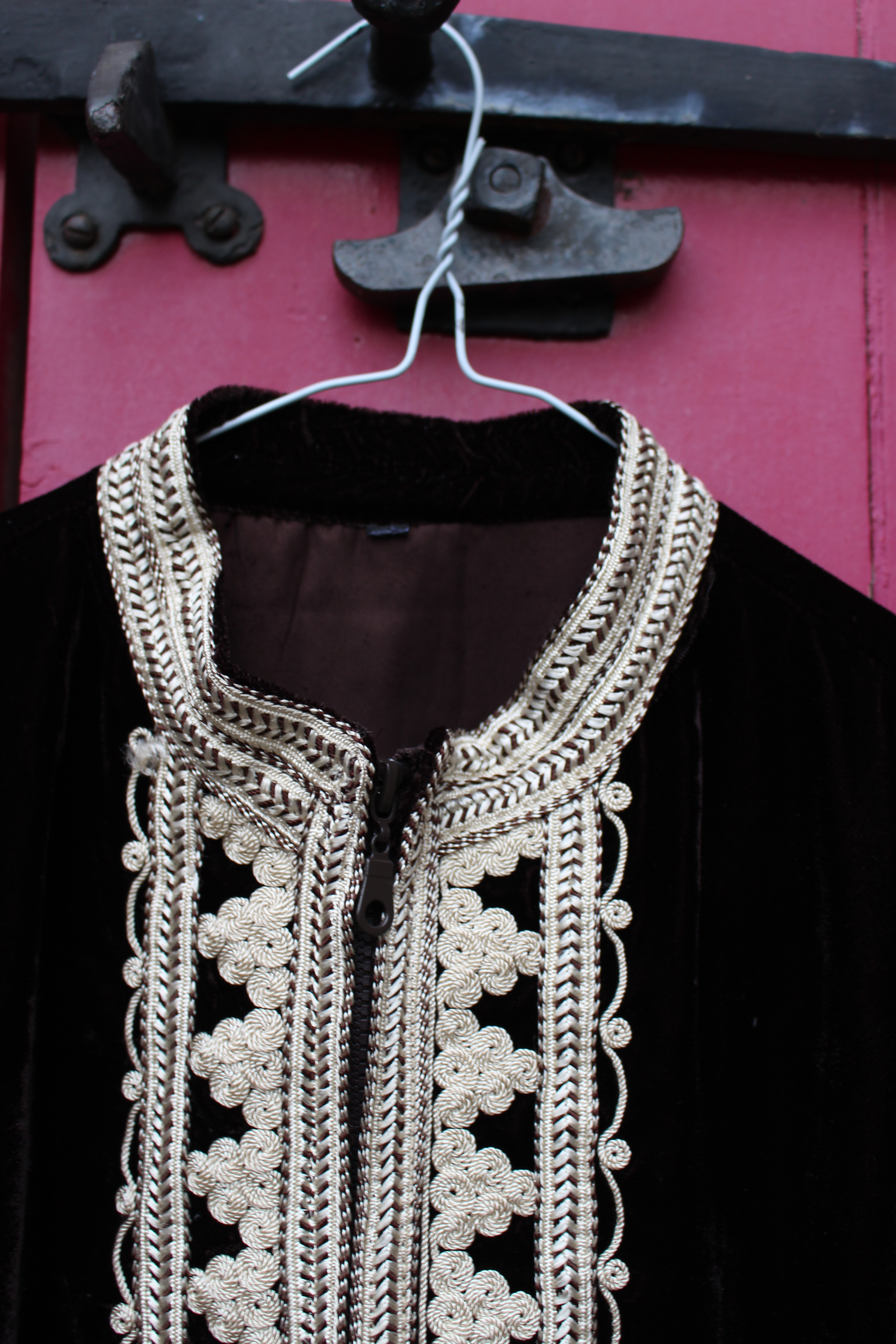 Chocolate velvet Moroccan top with cream embroidery