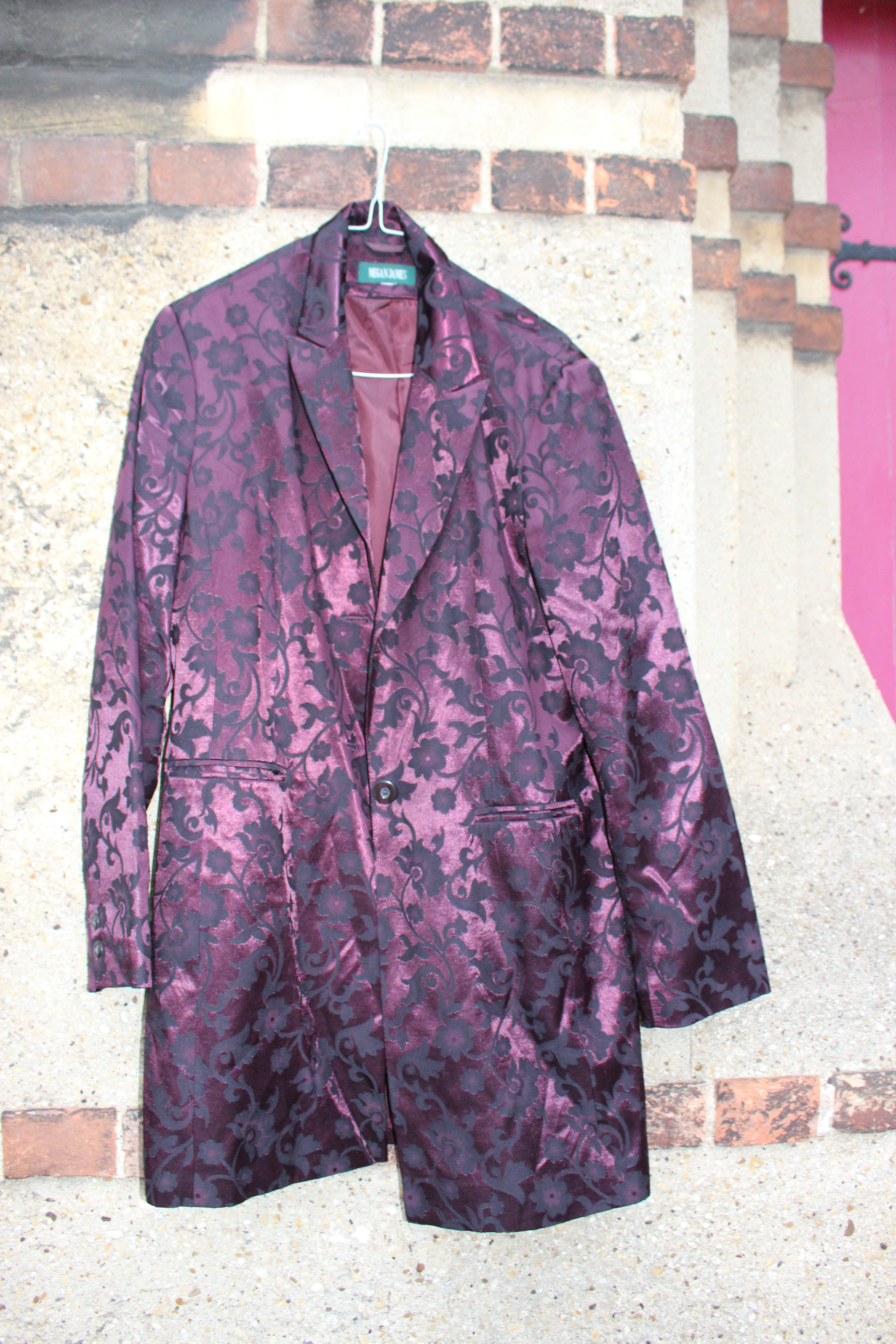 Megan James shiny maroon metallic flower-print jacket, from Unicorn, 5 Ship Street, Oxford