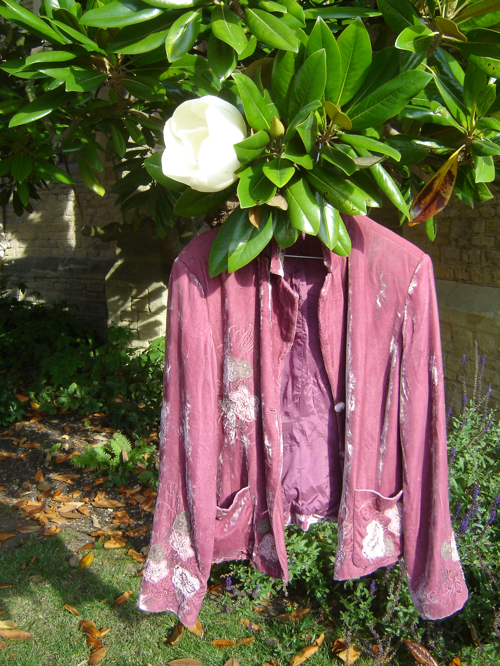 Pink cropped velvet jacket with appliqued flowers, from Unicorn, 5 Ship Street, Oxford