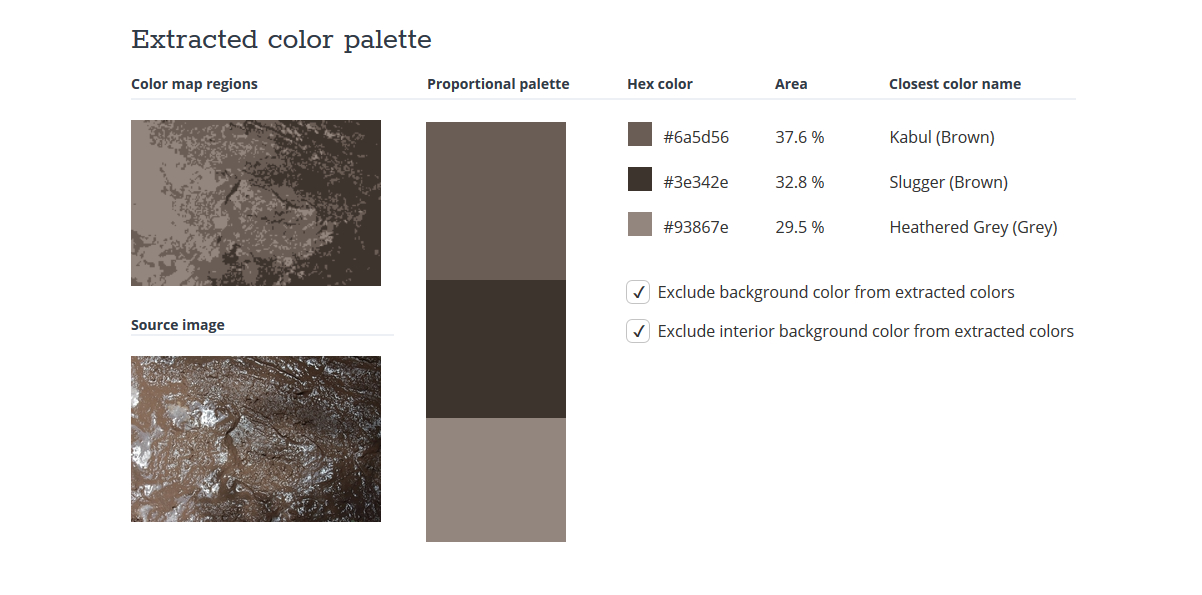 Colour palette from TinEye for a Wikipedia photo of dirt and mud. The 
palette contains two shades of brown and a shade of grey.