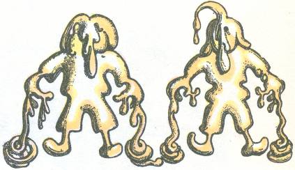 Two small boys standing covered in dough. It is 
dripping in coils to the ground from their hands, and teardrop-shaped 
pieces are dripping from their hair, noses, and fingers. The surface of 
the dough is smooth and gently curved.
