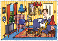 Nick Sharratt's illustration of Mr 
Piccalilli in his living room.