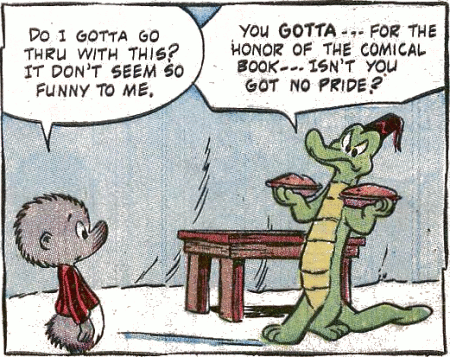 A cartoon of Pogo the alligator. He has a long 
rightward-pointing tail, a short leftward-pointing foot (his other foot is 
less visible), and a stubby leftward-pointing nose.