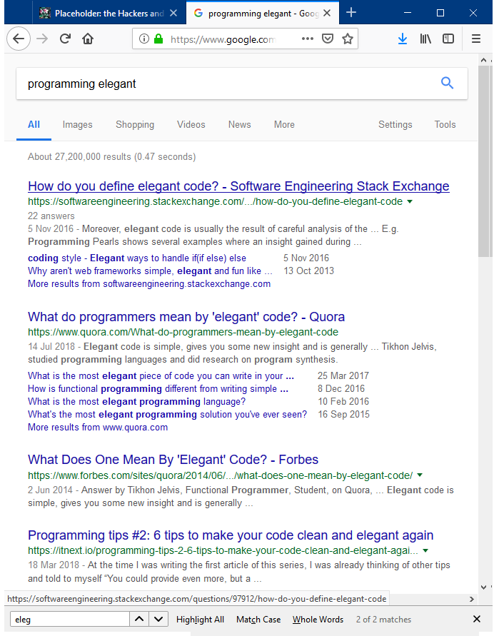 Some Google search results for 'programming elegant'.