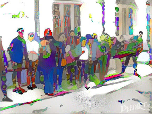 Group of drab tourists in Ship Street Oxford, repainted in a 
psychedelic style..