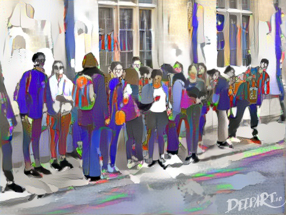 Group of drab tourists in Ship Street Oxford, repainted in a 
psychedelic style..